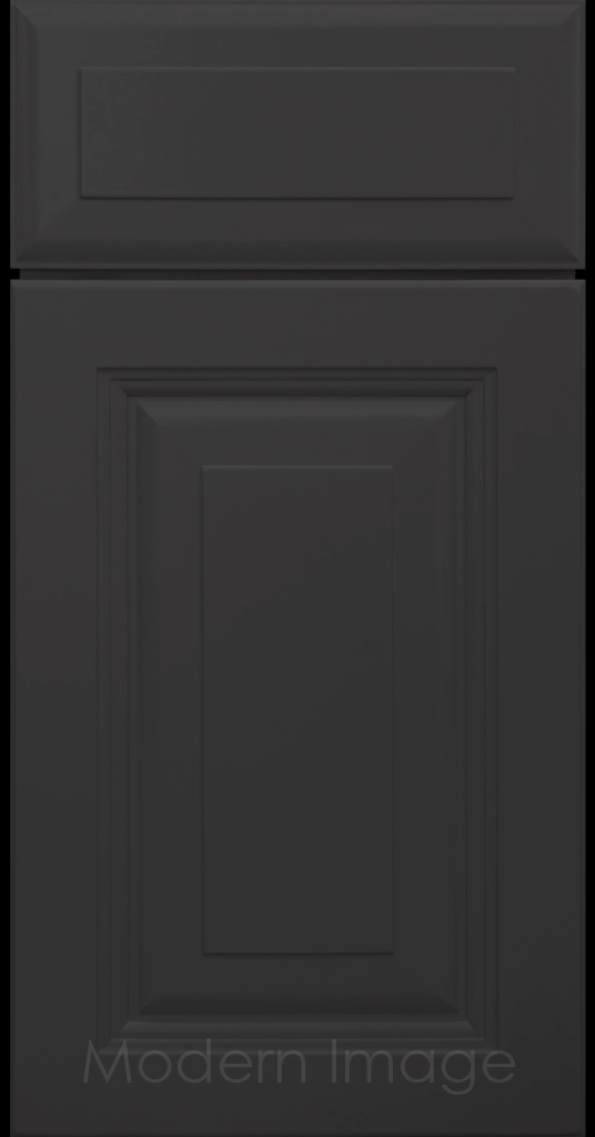 Durango raised panel cabinet door in a Midnight Sun matte finish featuring a stepped molded frame.